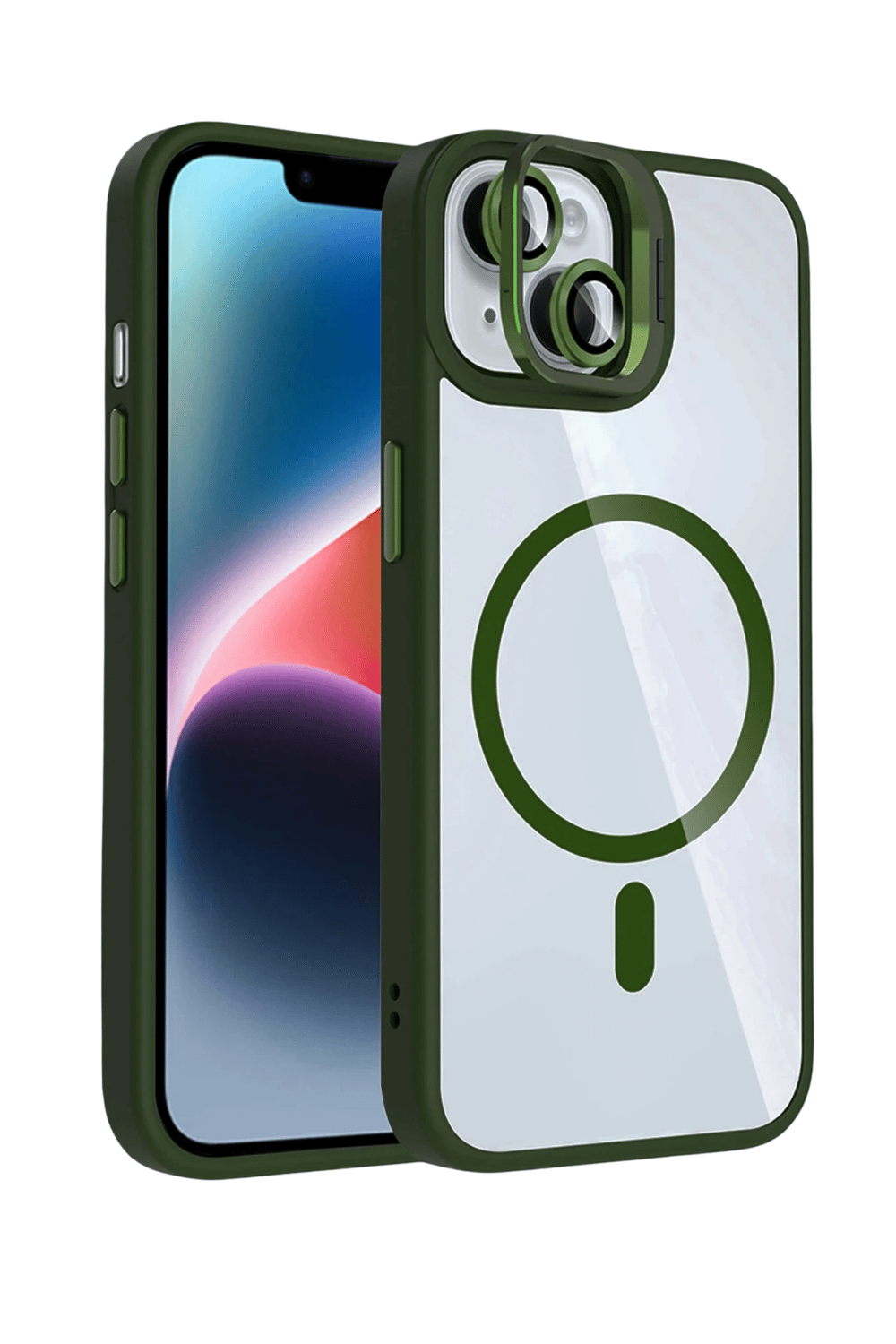 Apple iPhone 13 / iPhone 14 Remim Lensli MagSafe Standlı Darbe Korumalı Kılıf – Koyu Yeşil