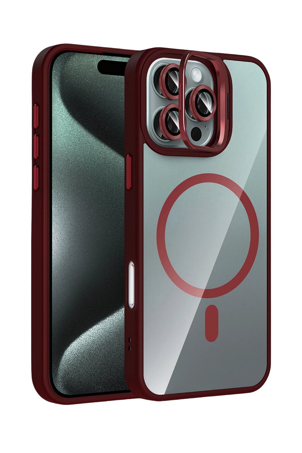 Apple iPhone 14 Pro Max Remim Lensli MagSafe Standlı Darbe Korumalı Kılıf – Bordo