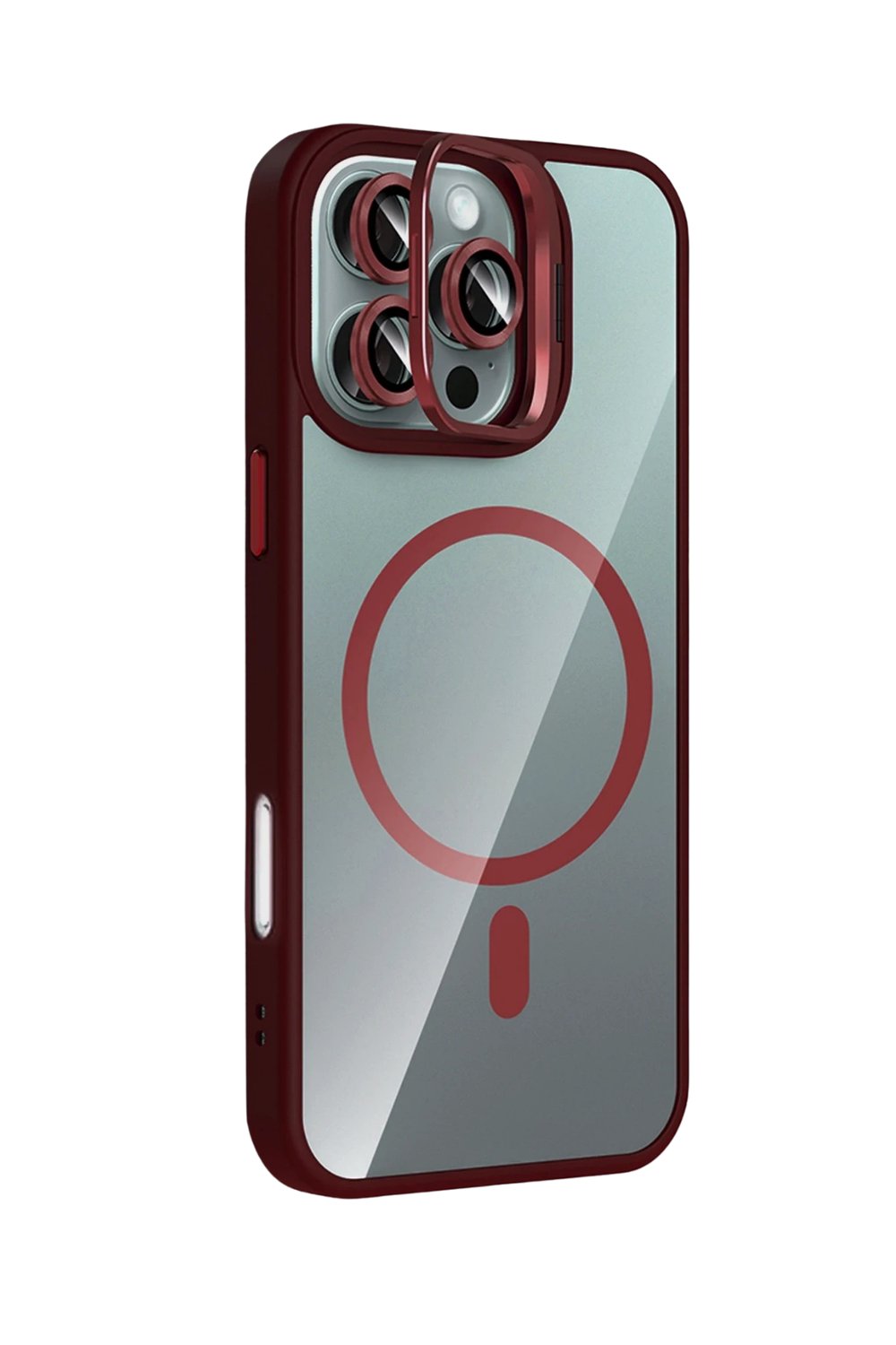 Apple iPhone 14 Pro Max Remim Lensli MagSafe Standlı Darbe Korumalı Kılıf – Bordo