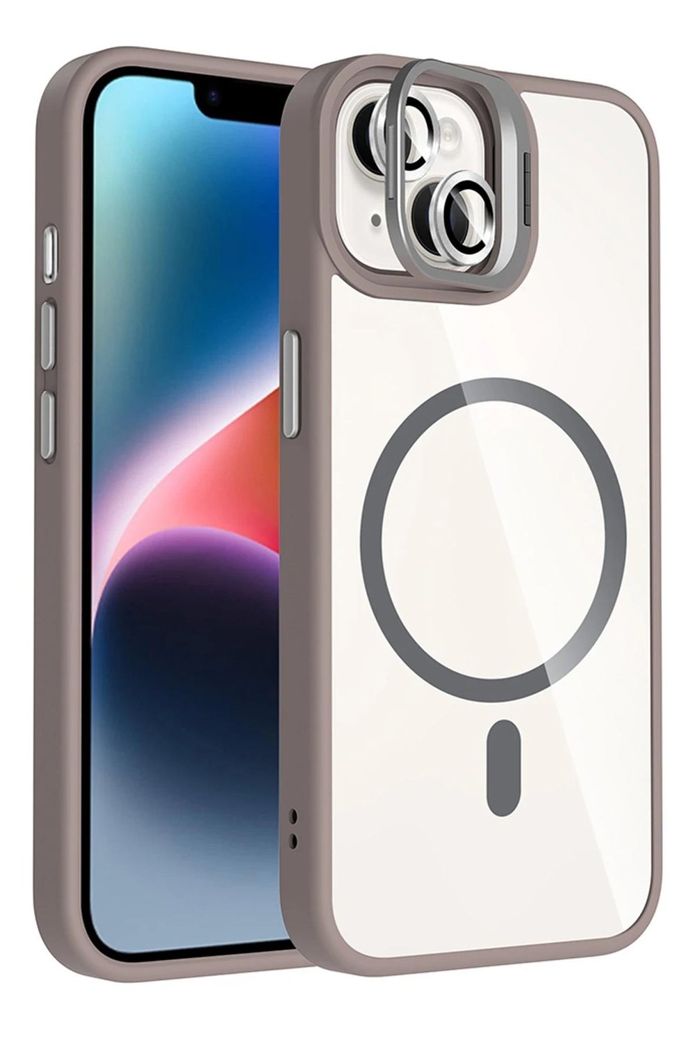 Apple iPhone 15 Plus Remim Lensli MagSafe Standlı Darbe Korumalı Kılıf – Titan Gri