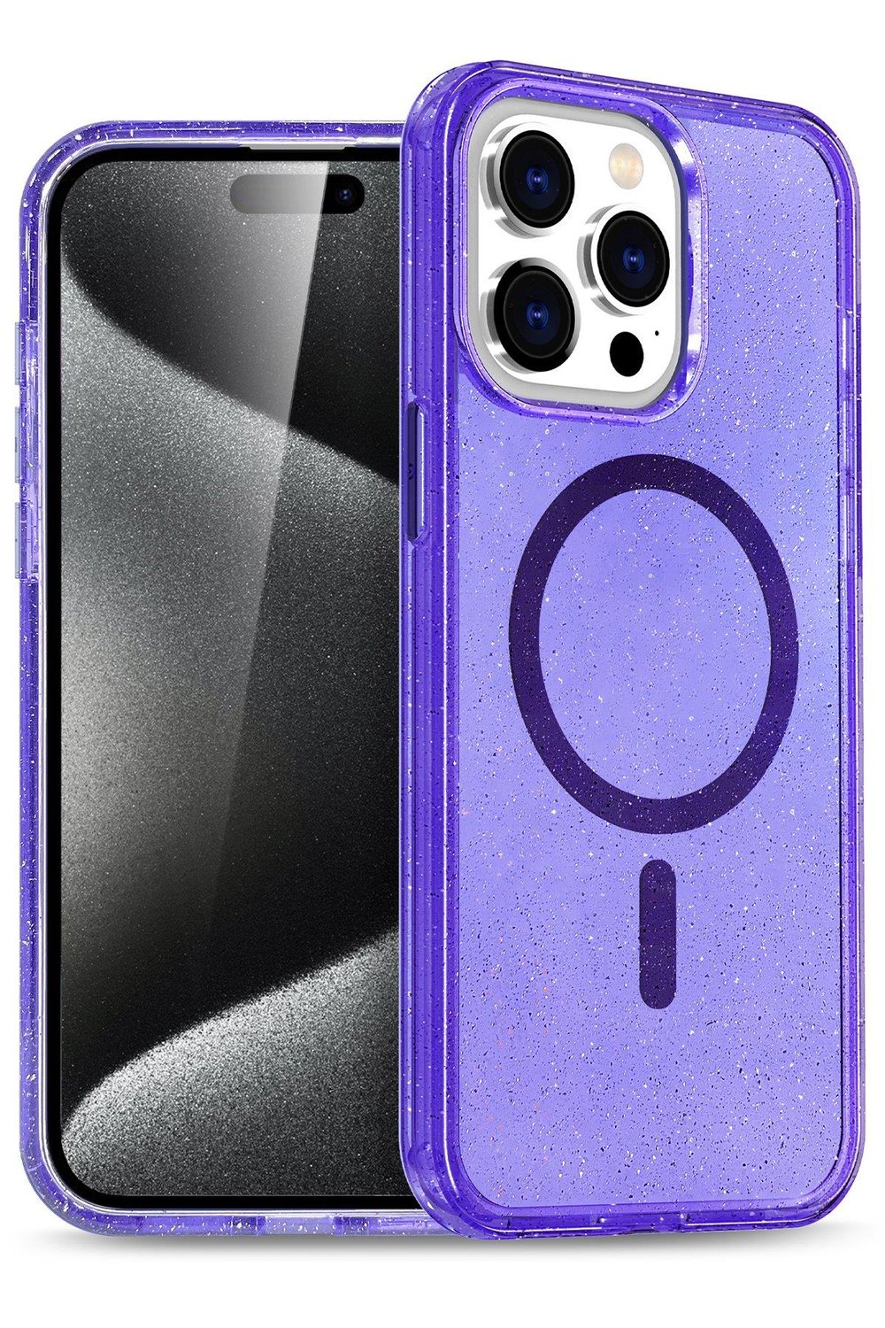 Apple iPhone 15 Pro Max Kılıf Glow Magsafe Kapak - Simli Mor