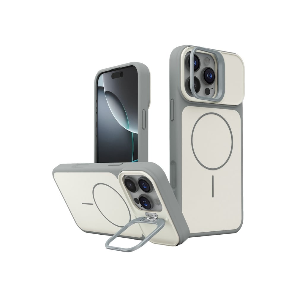 Apple iPhone 16 Pro Max Pale MagSafe Manyetik Kickstand, Darbe Koruma, Şeffaf Premium Standlı Kılıf – Beyaz-Gri