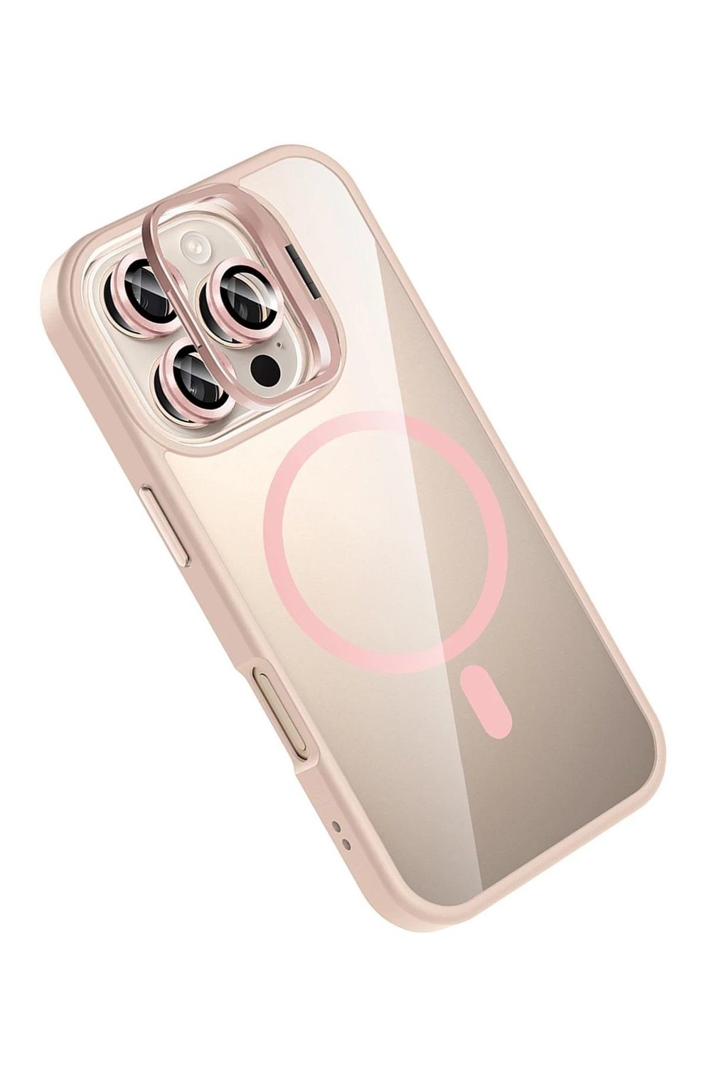 Apple iPhone 16 Pro Remim Lensli MagSafe Standlı Darbe Korumalı Kılıf – Pembe