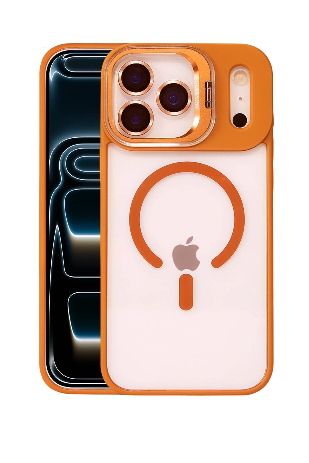 Apple iPhone 17 Pro Max Remim Lensli MagSafe Standlı Darbe Korumalı Kılıf – Turuncu