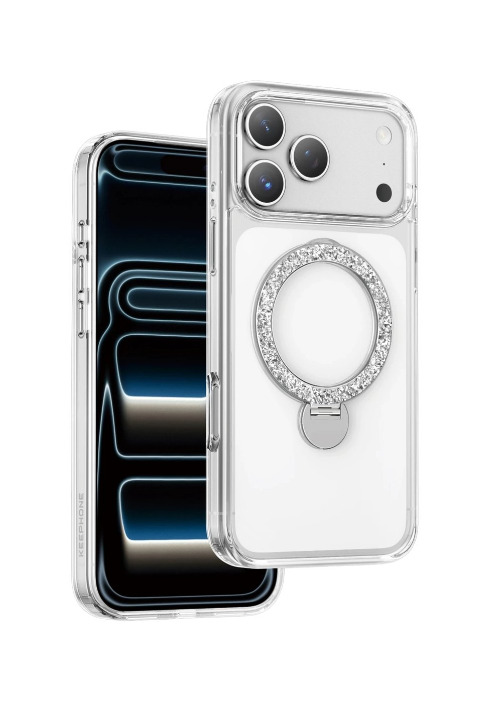 Keephone iPhone 17 Pro MagSafe Uyumlu Crystal Taşlı 360° Standlı Telefon Kılıfı - Şeffaf