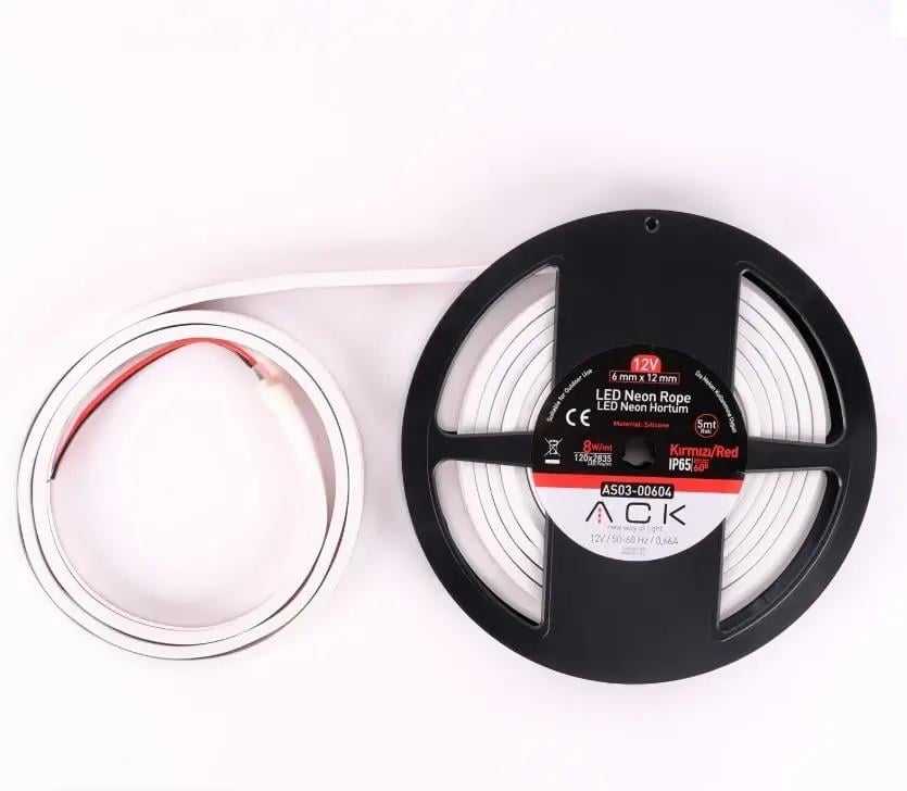 ACK AS03-00604 10W/mt 12V Neon Hortum Led Kırmızı Işık IP65