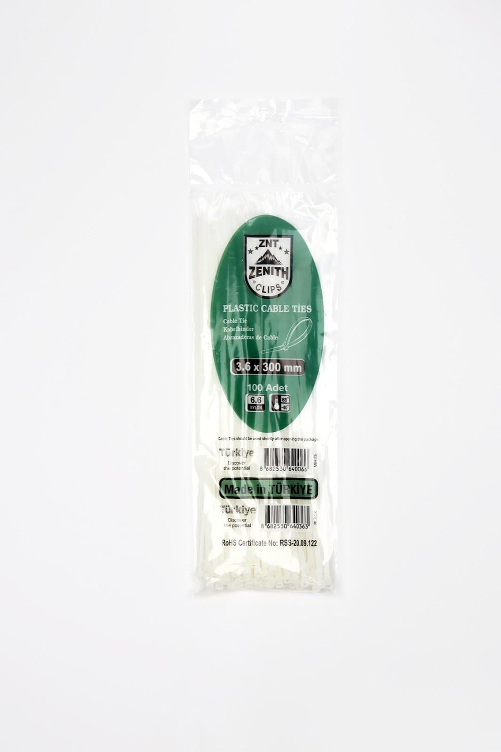 Zenith 3,6x300 Beyaz Kablo Bağı & Plastik Kelepçe & Cırt Kelepçe 100 Adet (paket)