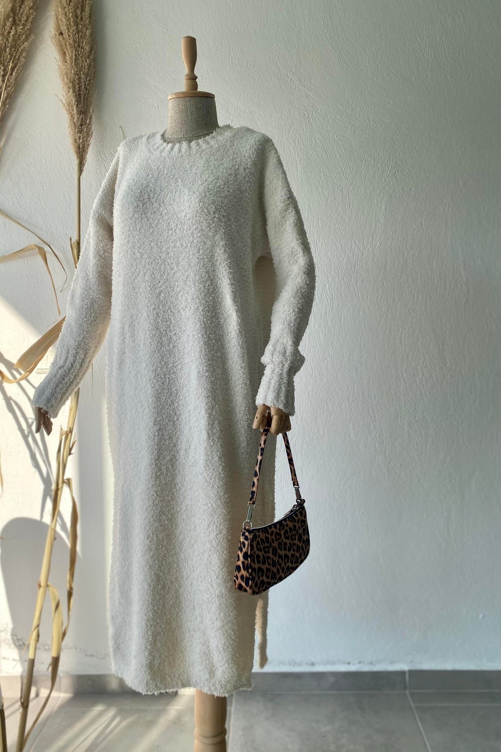 Buklet Triko Elbise Ekru