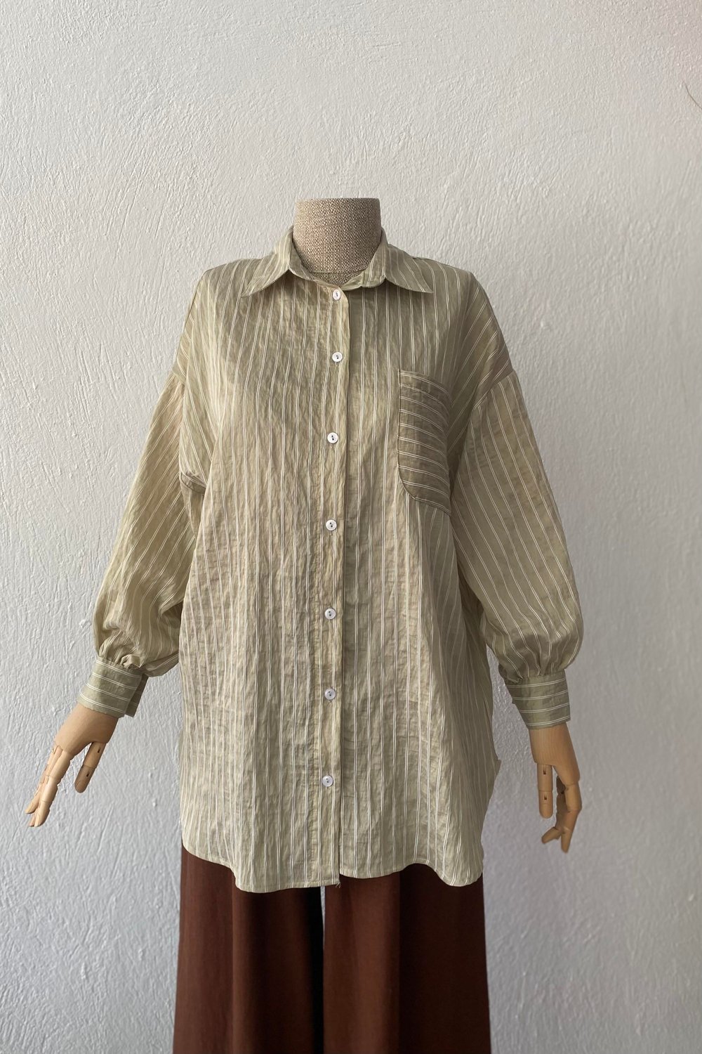 Çizgili Oversize Gömlek Açık Yeşil