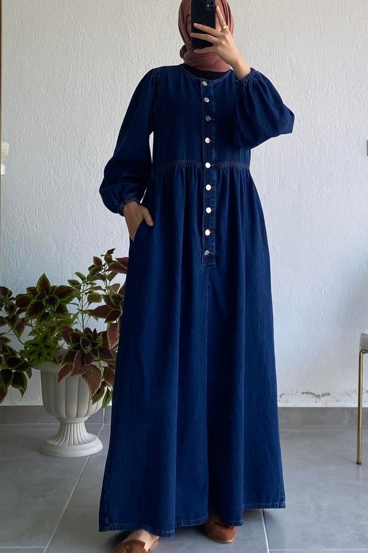 Önden Düğmeli Koyu Kot Elbise