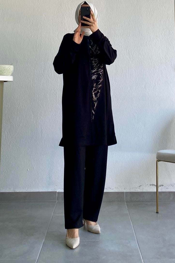 Taşlı İkili Takım Siyah