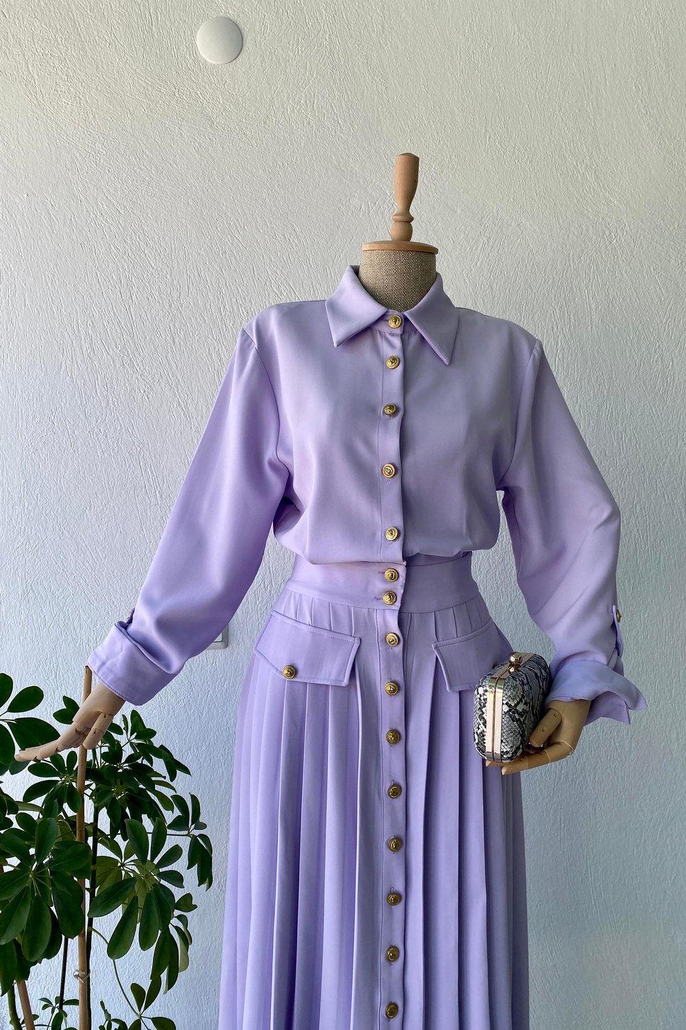 Vatkalı Şık Düğmeli Elbise Lila