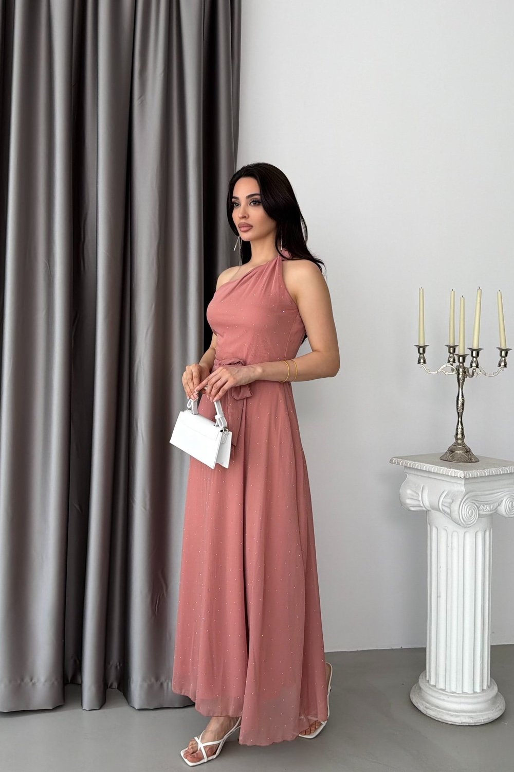 Pudra Omzu Bağlamalı Taşlı Şifon Elbise