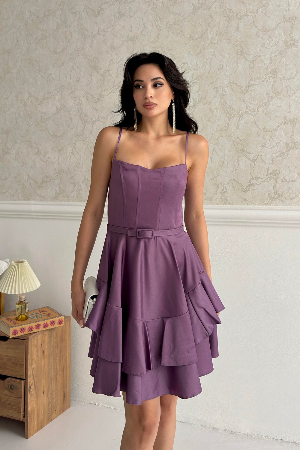 Lila İnce Askılı Volanlı Kemer Detaylı Abiye Elbise	