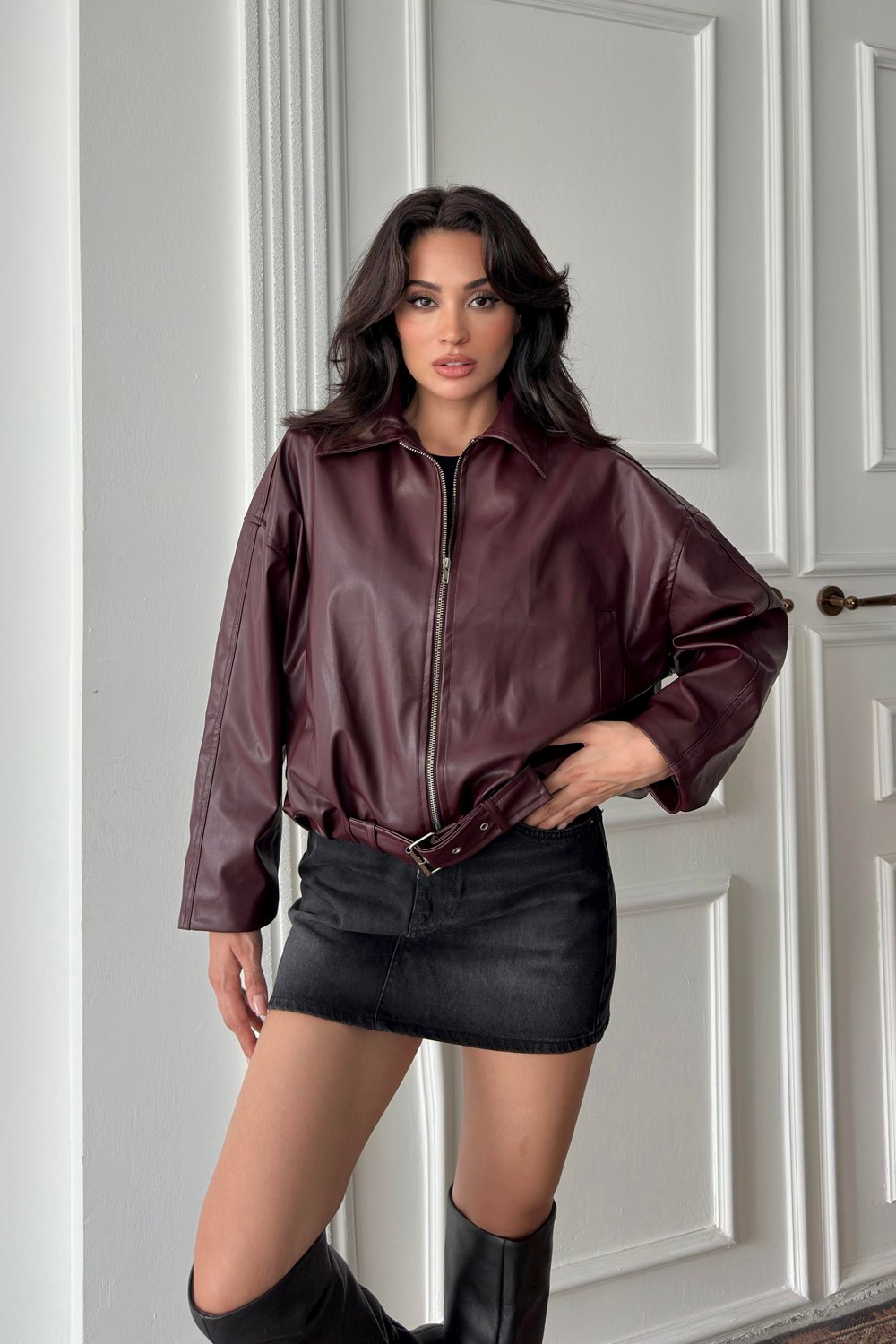 Bordo Suni Deri Yakalı Bomber Ceket