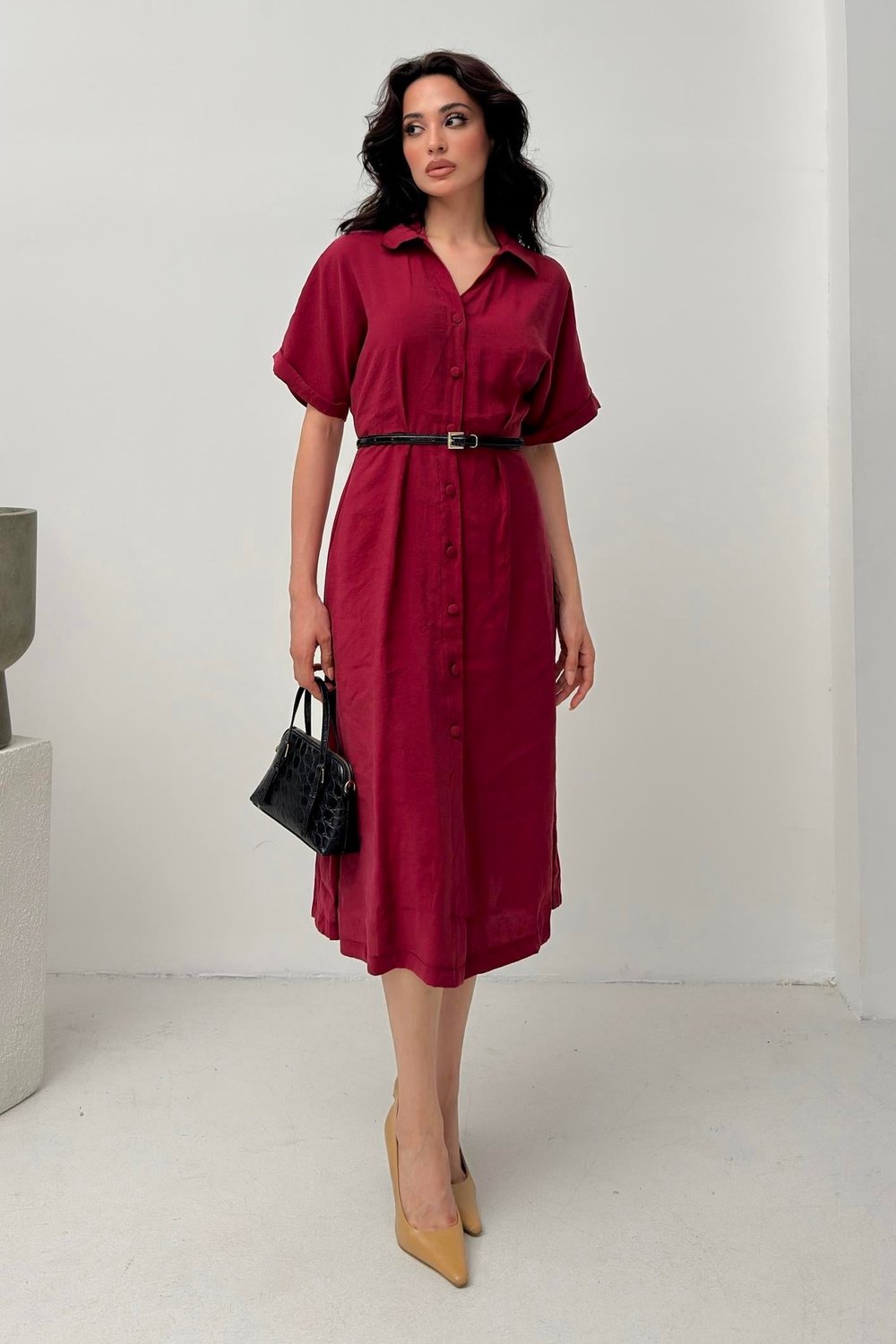 Bordo Kemer Detaylı Tencel Kumaş Gömlek Elbise 
