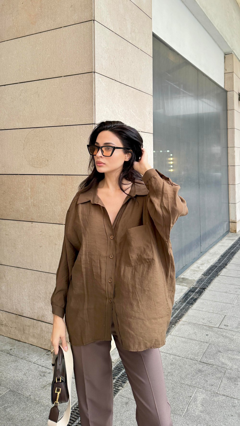 Kahve  Düşük Omuz Oversize Gömlek