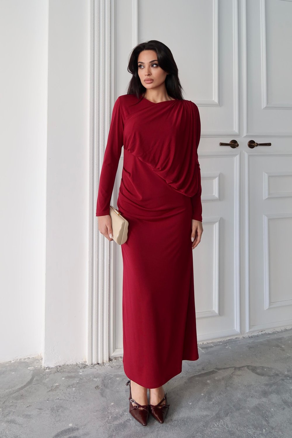 Bordo Omuz Büzgülü Maxi Elbise