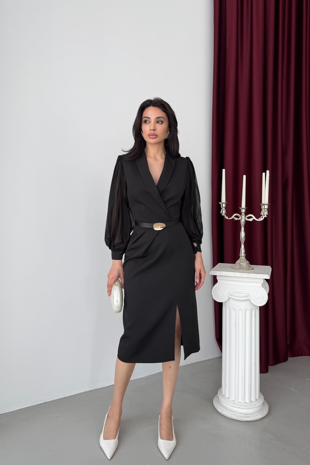 Siyah Gold Kemer Detaylı Midi Abiye Elbise