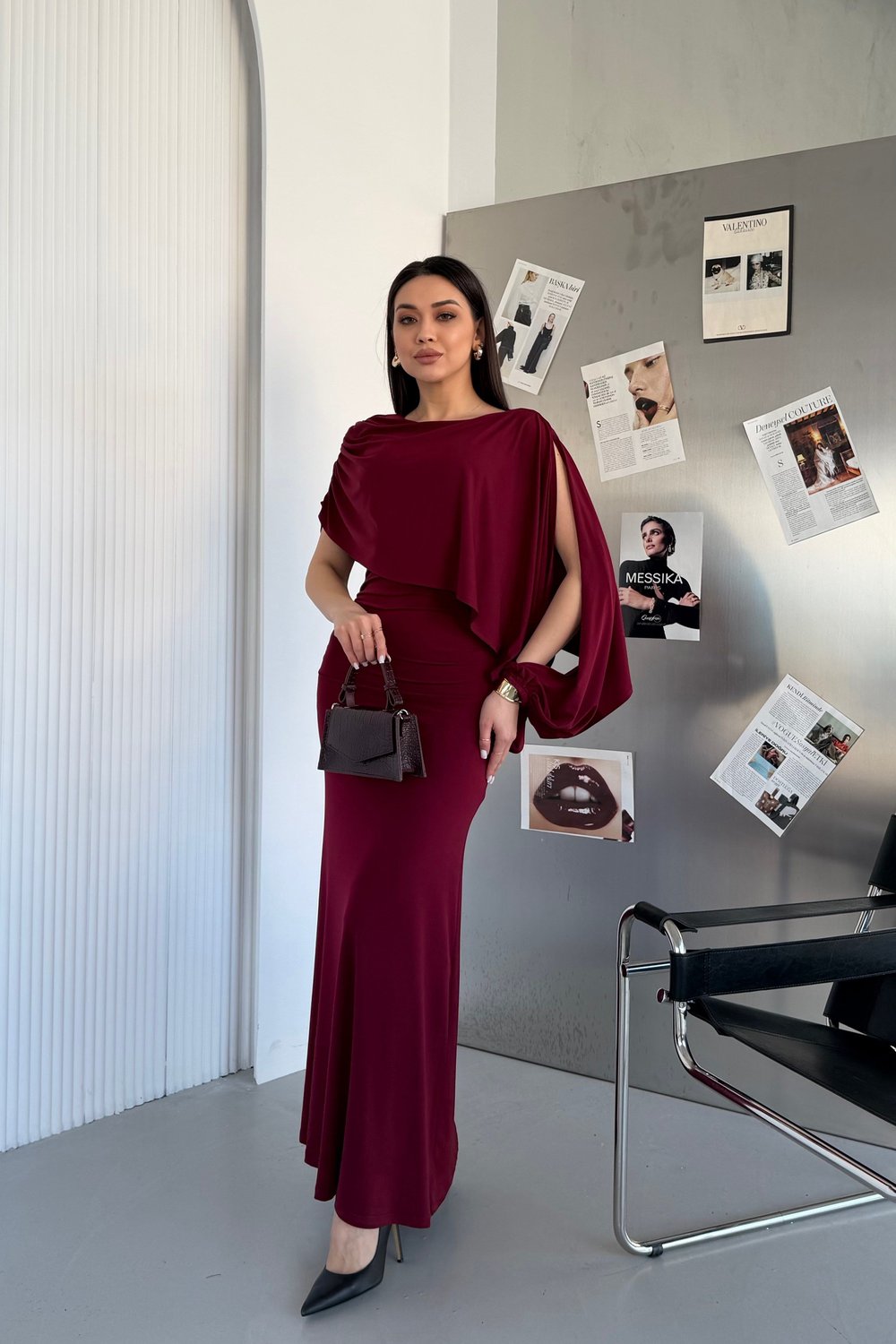 Bordo Şal Tasarımlı Uzun Elbise