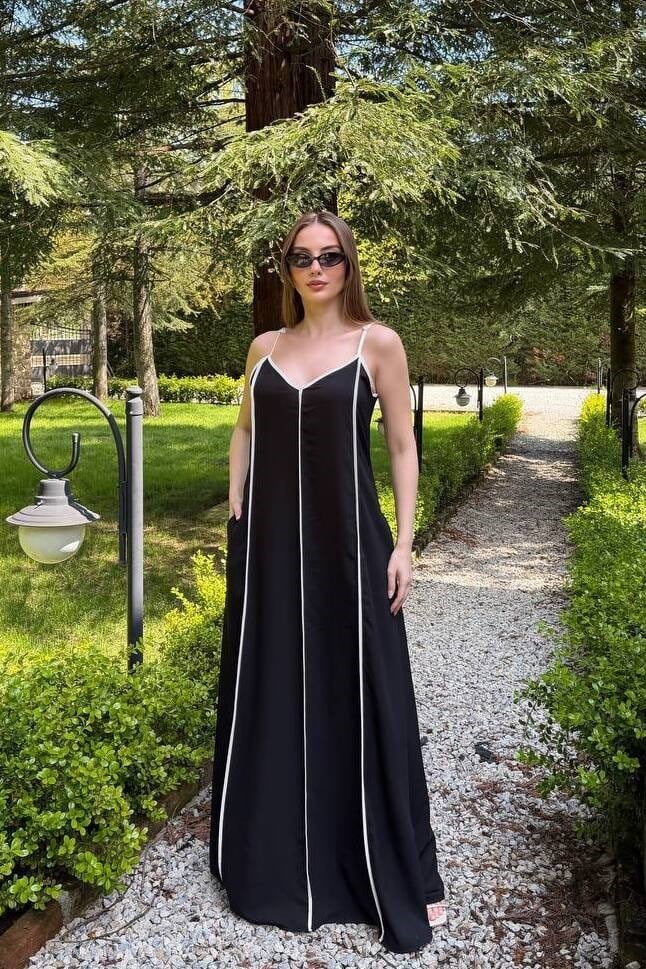 Siyah İnce Askılı Çizgi Şeritli Uzun Elbise