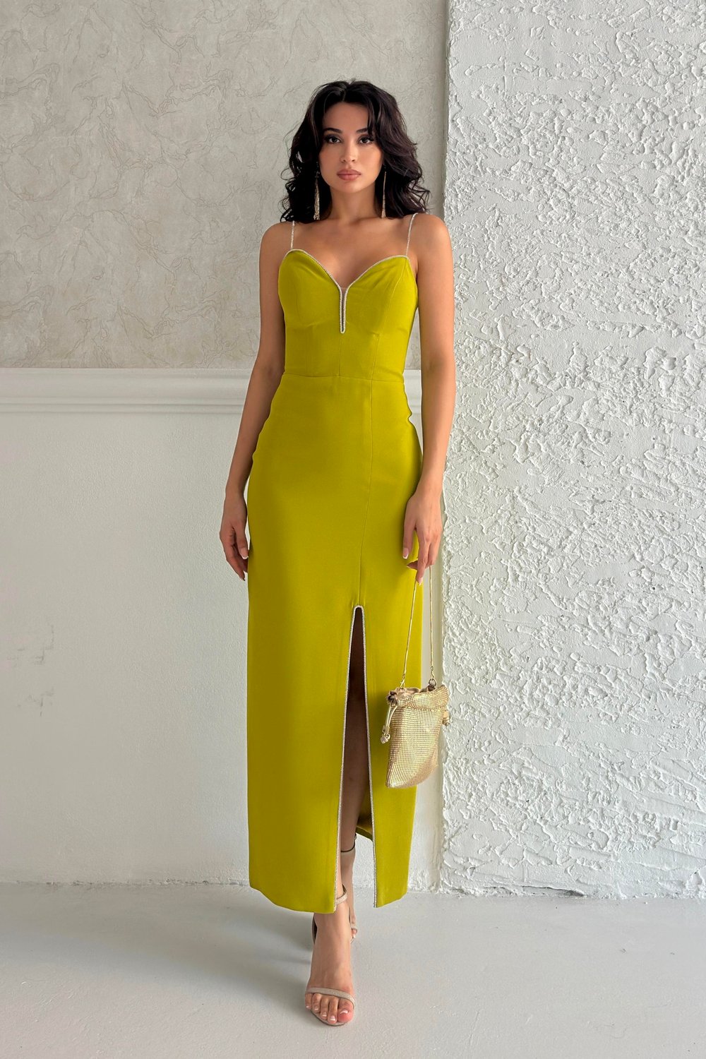 Yağ Yeşili Taş Askılı Yırtmaçlı Midi Abiye Elbise