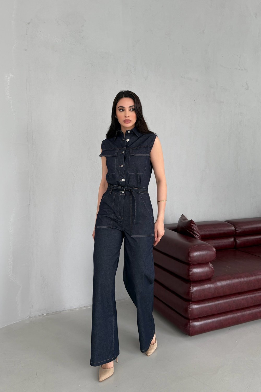 Lacivert Gömlek Yaka Düğmeli Kuşaklı Denim Tulum