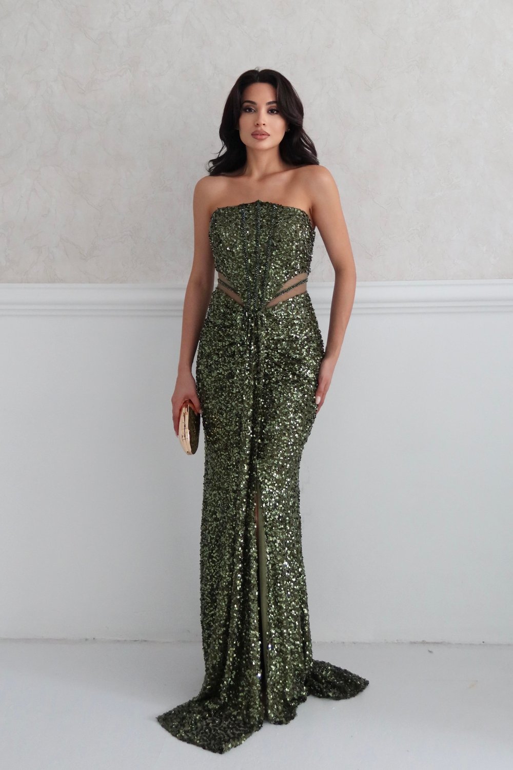 Haki Straplez Bel Detaylı Pul Payet Abiye Elbise