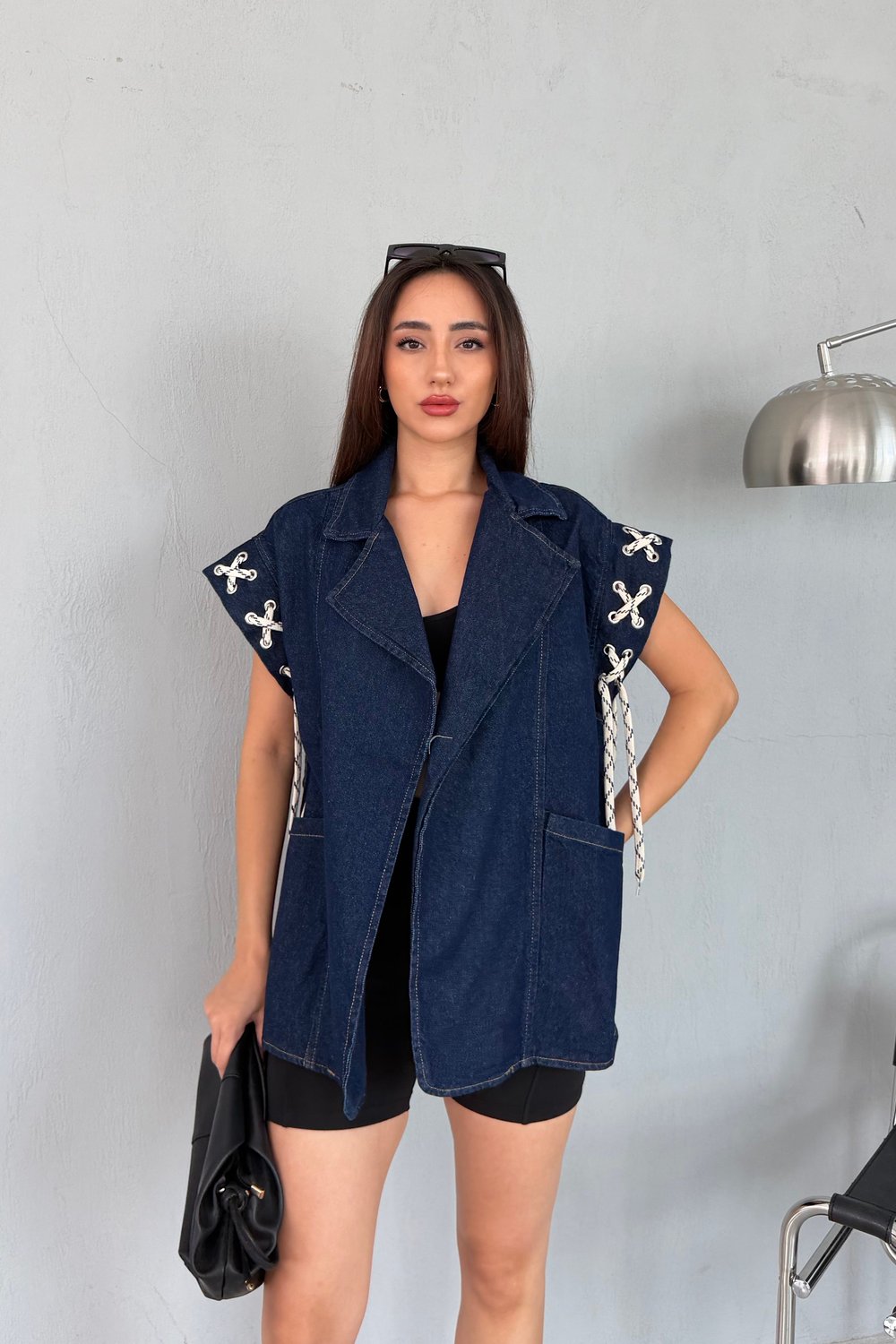 Lacivert Şerit İp Detaylı Denim Yelek 