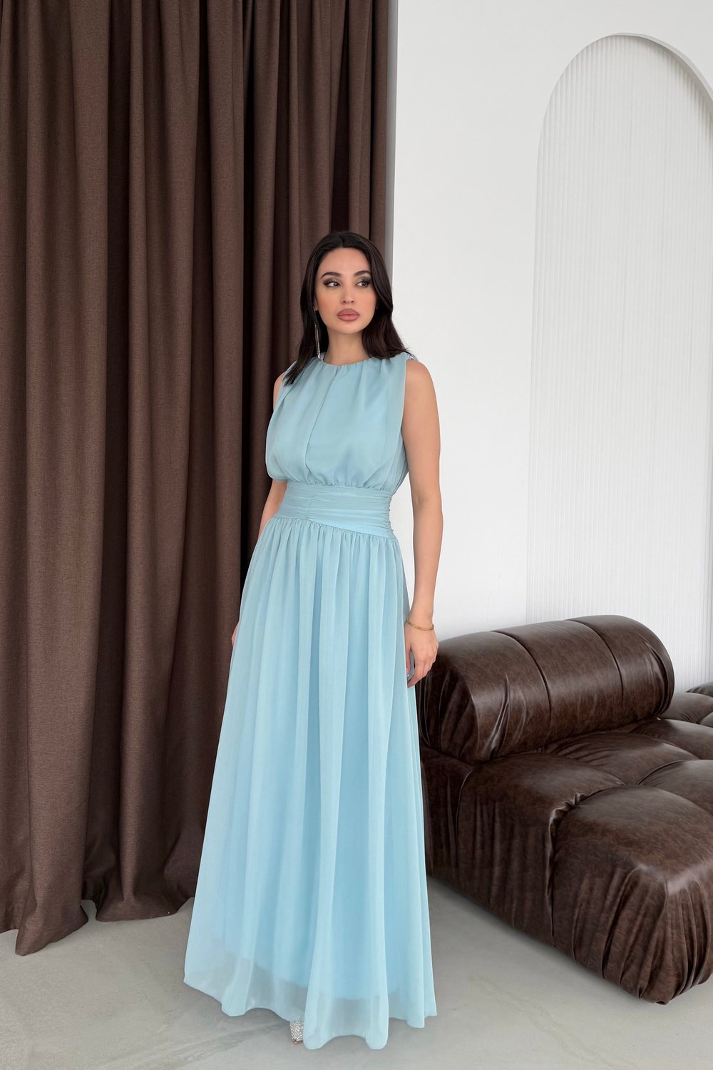 Mint Kuşaklı Pliseli Bisiklet Yaka Maxi Şifon Elbise