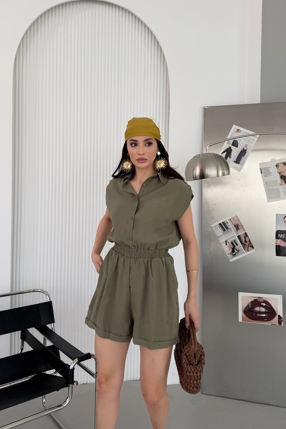 Haki Beli Lastikli Gömlek Yaka Tencel Kumaş Şortlu Tulum
