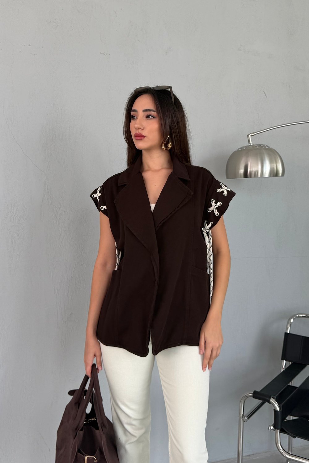 Kahverengi Şerit İp Detaylı Denim Yelek 