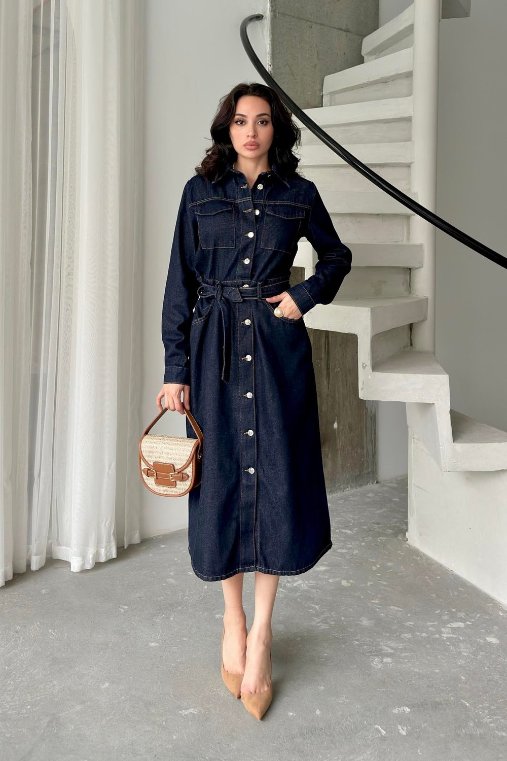 Beli Kuşaklı Cep Detaylı Denim ElbiseElbiseST566-7326