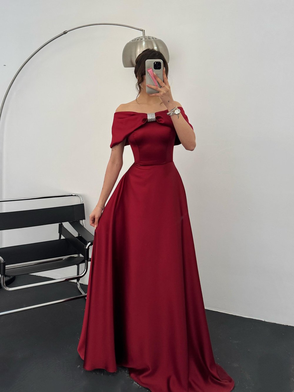 Bordo Önü Taşlı Fiyonk Detaylı  AbiyeAbiye & Mezuniyet ElbisesiST5531-1035