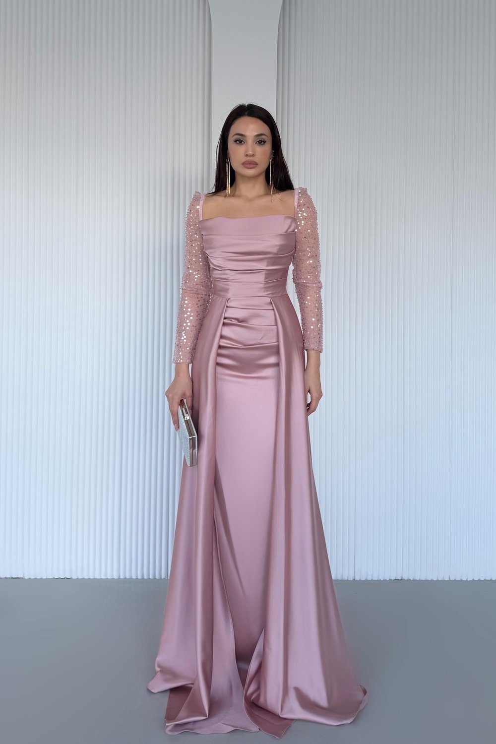 Pudra Payet İşlemeli Pelerinli Abiye Elbise