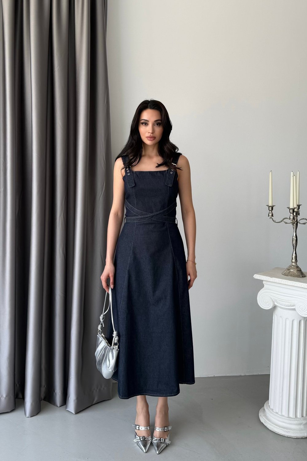 Lacivert Askılı Çapraş Kuşaklı Denim Midi Elbise