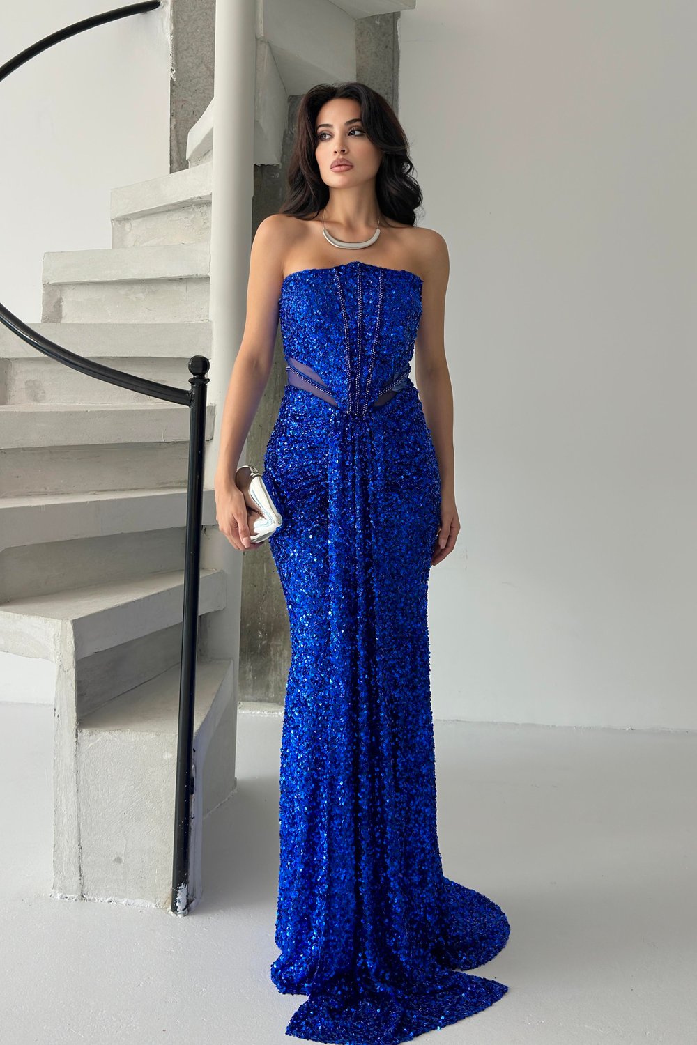 Saks Mavi Straplez Bel Detaylı Pul Payet Abiye Elbise