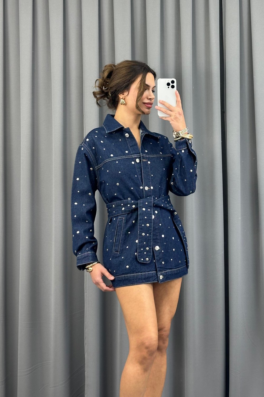 Lacivert Drop Çakımlı Kuşaklı Denim CeketCeketST-5370-5808TİCİMAX