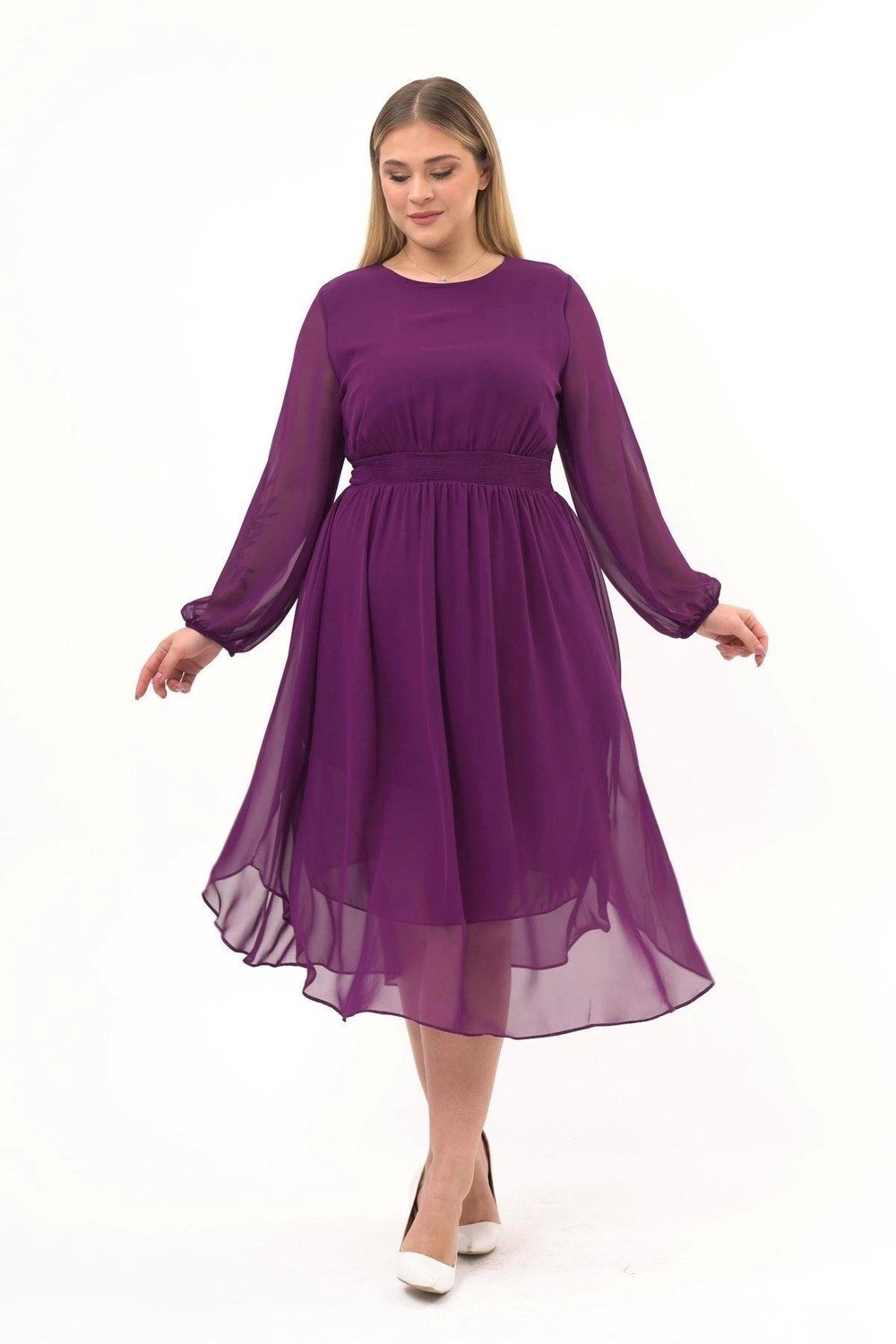 Apsen Kadın Mor Bisiklet Yaka Beli Drape Detaylı Uzun Kol Midi Boy Şifon Elbise 4466/120