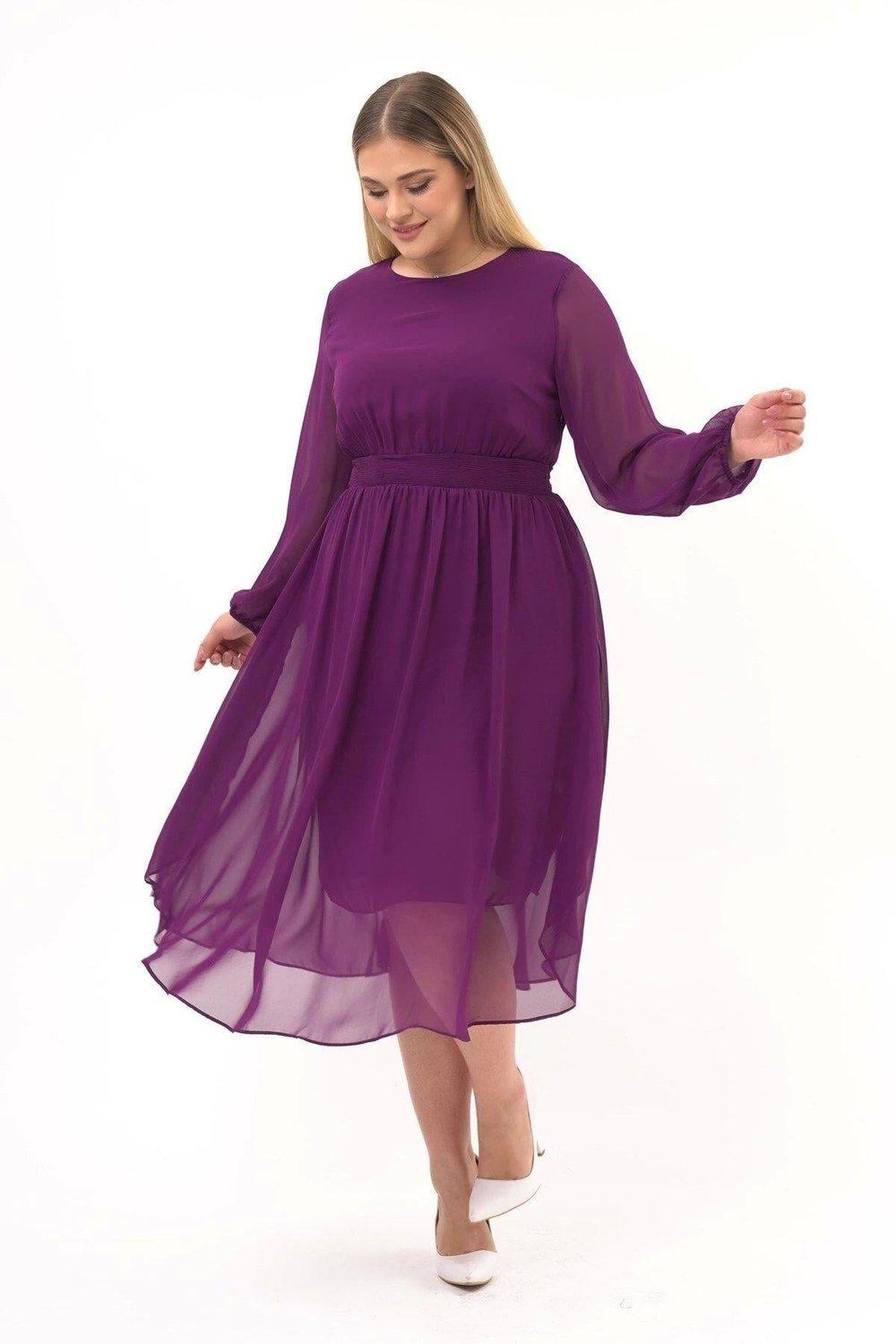 Apsen Kadın Mor Bisiklet Yaka Beli Drape Detaylı Uzun Kol Midi Boy Şifon Elbise 4466/120