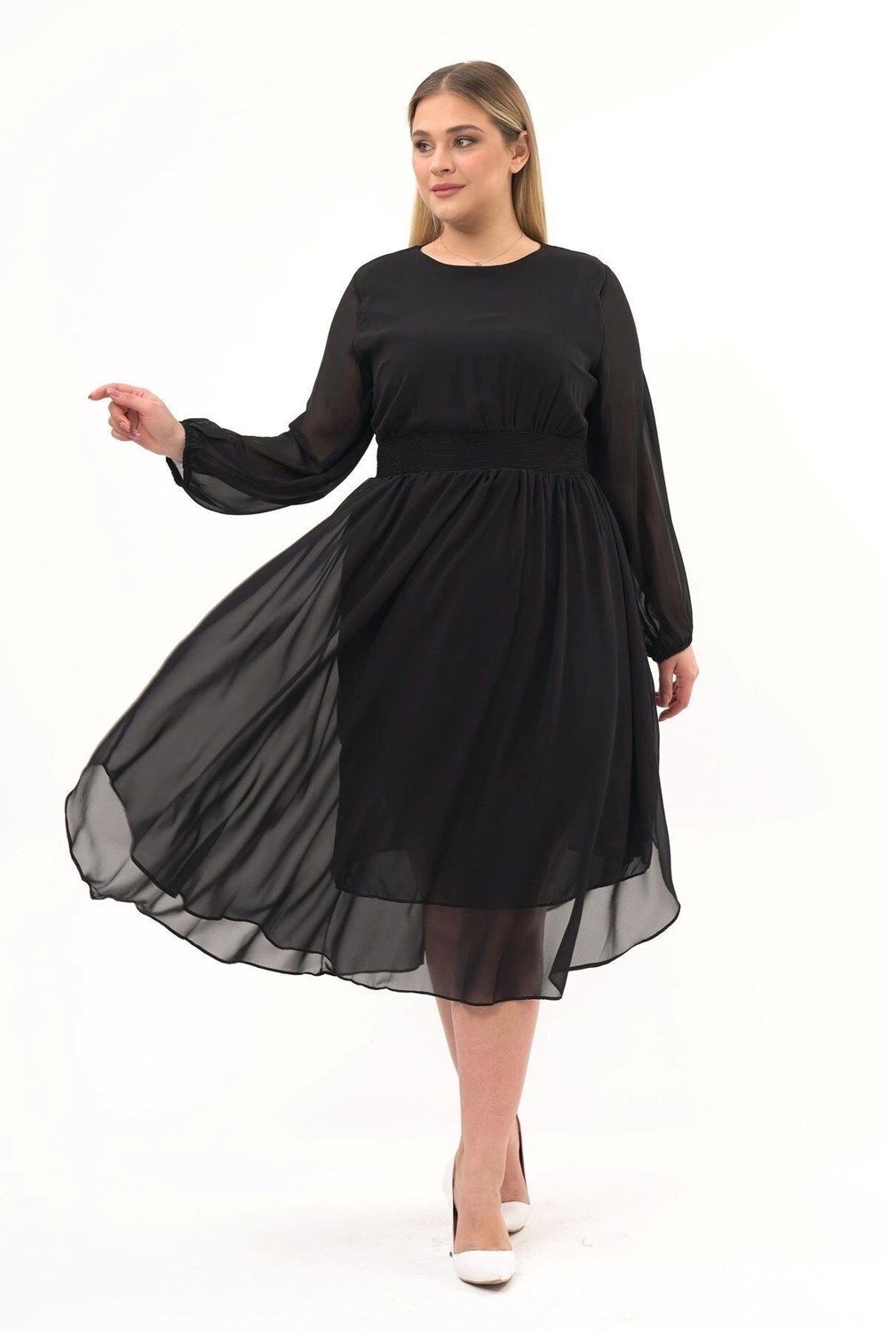 Apsen Kadın Siyah Bisiklet Yaka Beli Drape Detaylı Uzun Kol Midi Boy Şifon Elbise 4466/120
