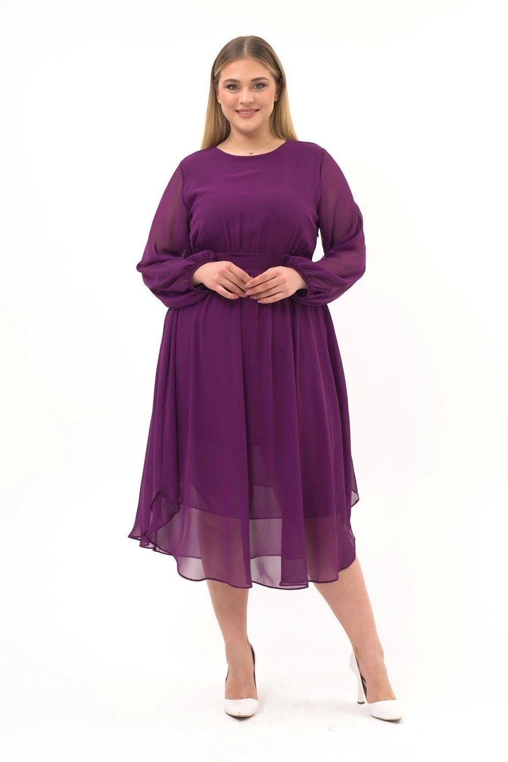 Apsen Kadın Mor Bisiklet Yaka Beli Drape Detaylı Uzun Kol Midi Boy Şifon Elbise 4466/120