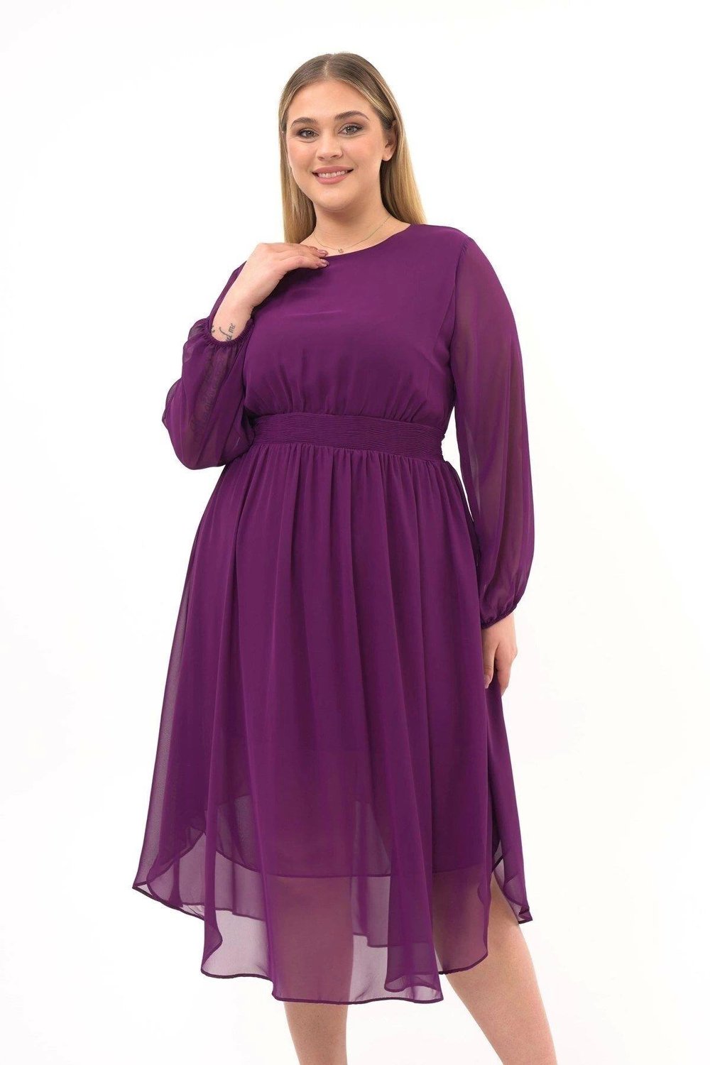 Apsen Kadın Mor Bisiklet Yaka Beli Drape Detaylı Uzun Kol Midi Boy Şifon Elbise 4466/120