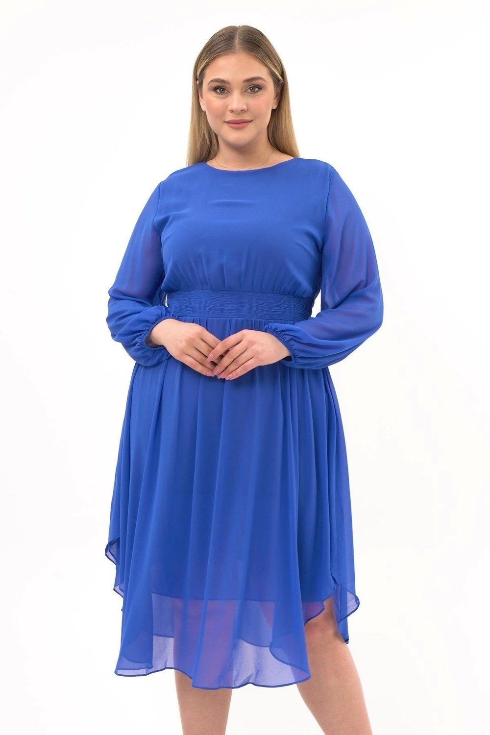 Apsen Kadın İndigo Bisiklet Yaka Beli Drape Detaylı Uzun Kol  Midi Boy Şifon Elbise 4466/120