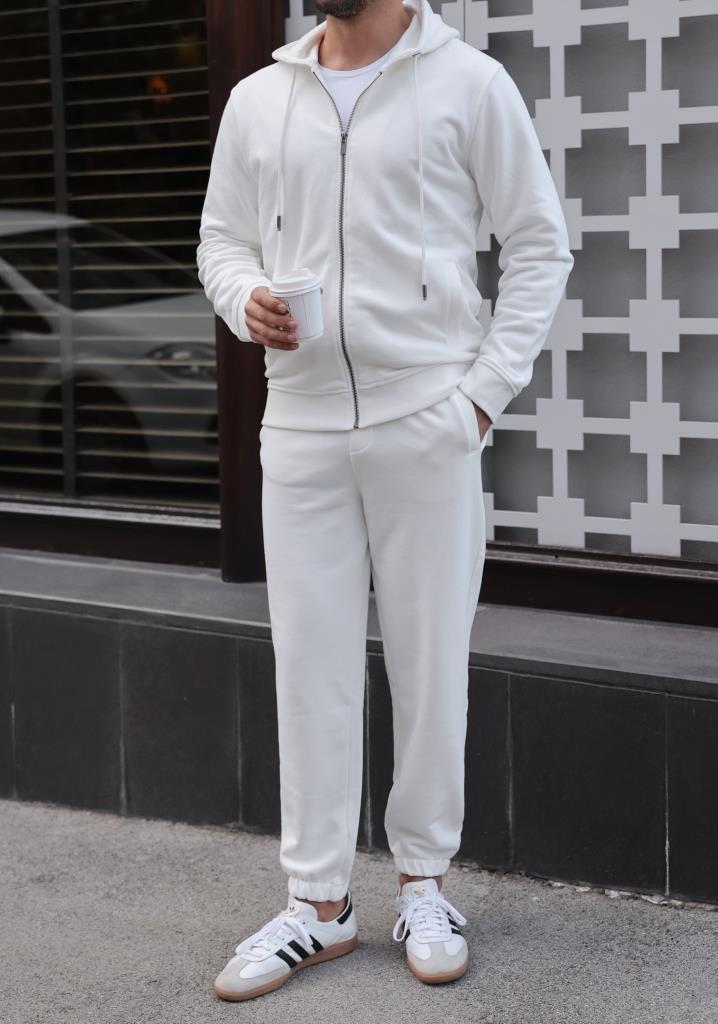 SlimFit Ekru Fermuarlı Kapüşonlu Sweatshirt