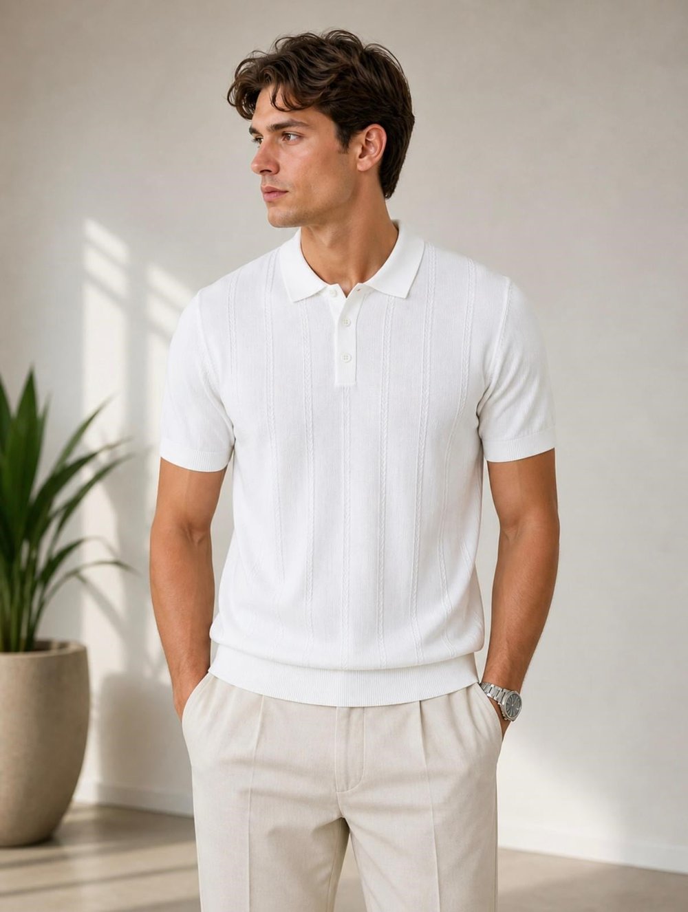 EKRU POLO YAKA DESENLİ RAYON TRİKO