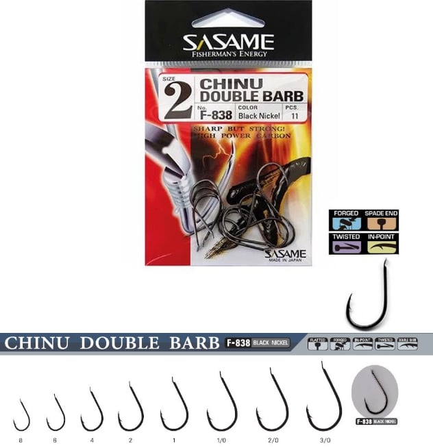 Tekli İğneler Sasame F-838 Chinu Double Barb Black Nickel İğne - 1/0