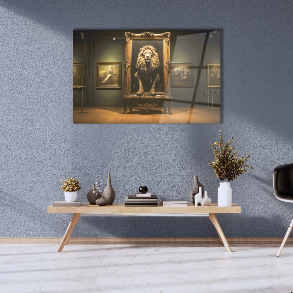  Aslan  Figürlü Cam Tablo Modern Ofis Makam Odası Hediyelik Büyük Tablo Duvar Dekoru 