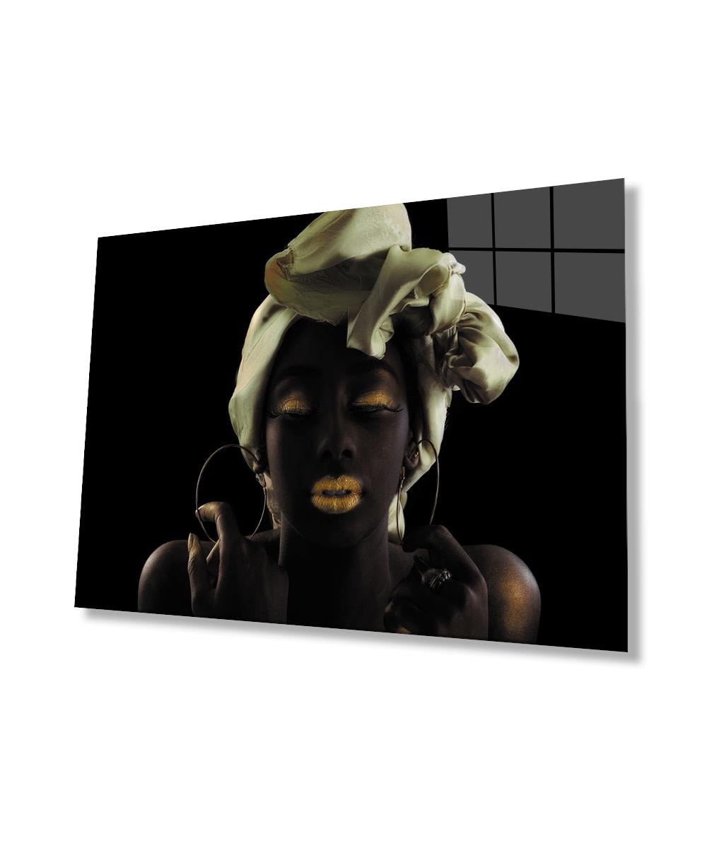 Afrika Stil Şal Bağlama Altın Makyajlı Kadın Cam Tablo  4mm Dayanıklı Temperli Cam,  African Style Shawl Lacing Woman with Gold Make-up Glass Wall Art