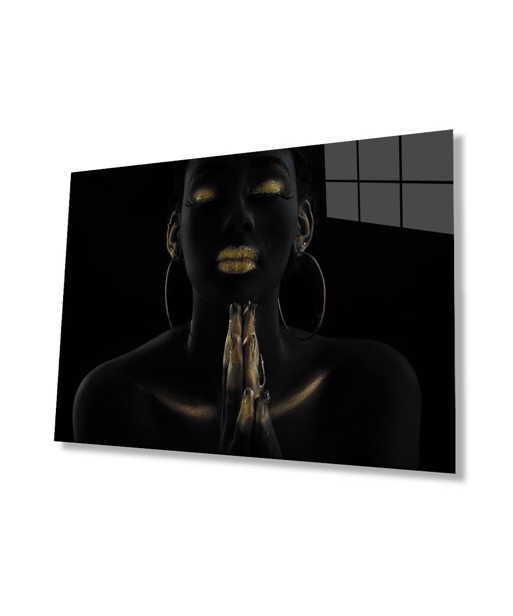 Afrikalı Siyahi Altın Makyajlı Kadın Cam Tablo  4mm Dayanıklı Temperli Cam, African Black Woman with Gold Makeup Glass Wall Art